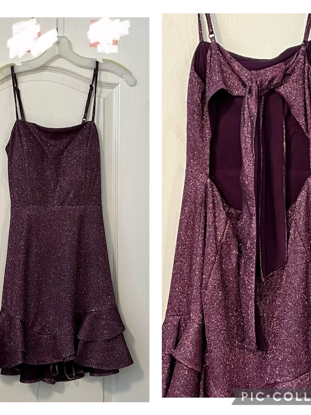 Purple sparkly short dress. Ties in bow on back.